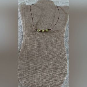 Handmade Light Green & Gold Pearl & Brown Leather Necklace
